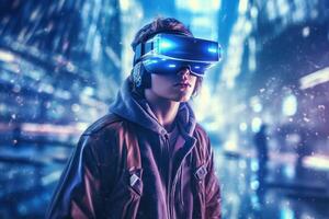 A photo of a person experiencing a virtual reality VR simulation.