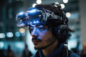 A photo of a person wearing an advanced wearable device that enhances their cognitive abilities, such as memory augmentation or real - time language translation.