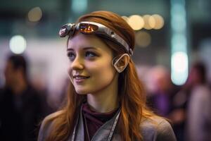 A photo of a person wearing an advanced wearable device that enhances their cognitive abilities, such as memory augmentation or real - time language translation.