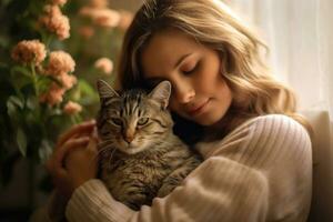 A photo of a woman sitting peacefully, cradling her cat in her arms, as she plants a gentle kiss on its head. Generative AI