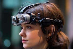 A photo of a person wearing an advanced wearable device that enhances their cognitive abilities, such as memory augmentation or real - time language translation.