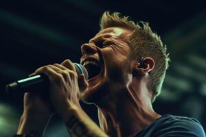 A photo of the lead vocalist on stage, belting out powerful lyrics with passion and energy.