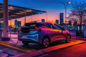 A photo of an electric vehicle parked at a charging station against a backdrop of a futuristic city skyline at dusk. Generative AI