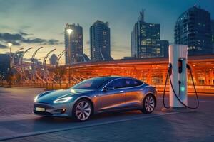 A photo of an electric vehicle parked at a charging station against a backdrop of a futuristic city skyline at dusk.