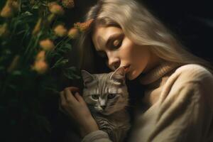 A photo of a woman sitting peacefully, cradling her cat in her arms, as she plants a gentle kiss on its head. Generative AI