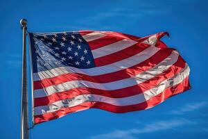 A powerful image of an American flag waving proudly in the wind against a clear blue sky. Generative AI photo