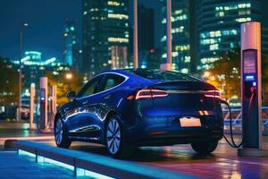 A photo of an electric vehicle parked at a charging station against a backdrop of a futuristic city skyline at dusk. Generative AI