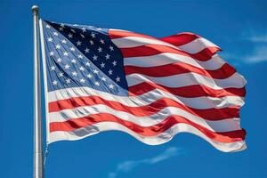 A powerful image of an American flag waving proudly in the wind against a clear blue sky. Generative AI photo