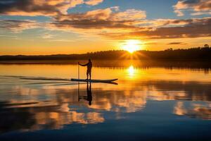 A serene shot of a paddleboarder gliding across a calm lake at sunrise. Generative AI photo