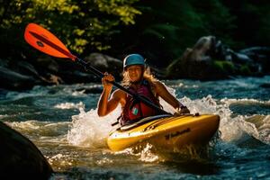 un estimulante momento de un kayakista navegando mediante rápido - Moviente rápidos en un río. generativo ai foto