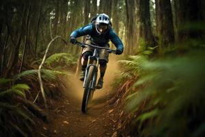 An action shot of a mountain biker speeding downhill on a rugged trail. Generative AI photo