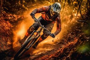 An action shot of a mountain biker speeding downhill on a rugged trail. Generative AI photo