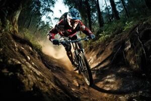 An action shot of a mountain biker speeding downhill on a rugged trail. Generative AI photo