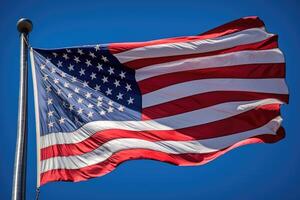 A powerful image of an American flag waving proudly in the wind against a clear blue sky. Generative AI photo