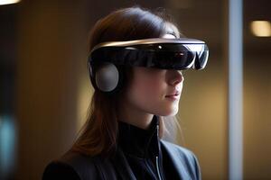 A photo of a person wearing an advanced wearable device that enhances their cognitive abilities, such as memory augmentation or real - time language translation.