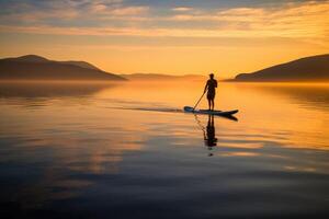 A serene shot of a paddleboarder gliding across a calm lake at sunrise. Generative AI photo