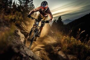 An action shot of a mountain biker speeding downhill on a rugged trail. Generative AI photo