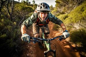 An action shot of a mountain biker speeding downhill on a rugged trail. Generative AI photo