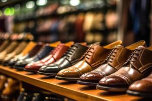 A close - up shot of a rack of shoes in a high - end shoe store. photo