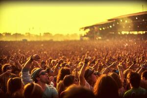 el vibrante atmósfera de un música festival con un multitud de entusiasta aficionados aplausos para su favorito banda. generativo ai foto