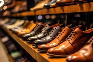 A close - up shot of a rack of shoes in a high - end shoe store.  Generative AI photo