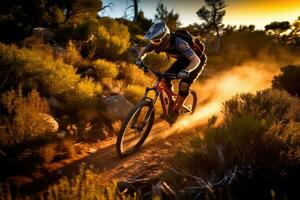 An action shot of a mountain biker speeding downhill on a rugged trail. Generative AI photo