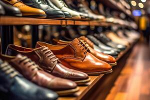 A close - up shot of a rack of shoes in a high - end shoe store. photo
