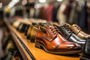 A close - up shot of a rack of shoes in a high - end shoe store.  Generative AI photo