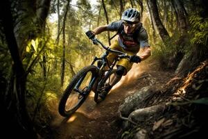 An action shot of a mountain biker speeding downhill on a rugged trail. Generative AI photo