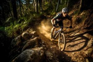 An action shot of a mountain biker speeding downhill on a rugged trail. Generative AI photo