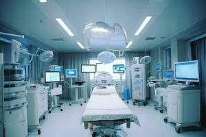 un amplio - ángulo Disparo de un hospital habitación interior, enfoque en el moderno médico equipo y tecnología. generativo ai foto