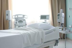 un cerca - arriba Disparo de un hospital cama con crujiente, blanco cama hojas y pulcramente arreglado médico equipo. generativo ai foto