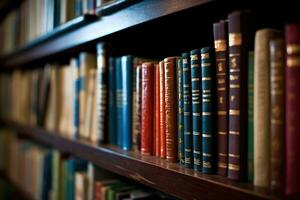 un Disparo de un fila de pulcramente arreglado biblioteca libros en un estante. generativo ai foto
