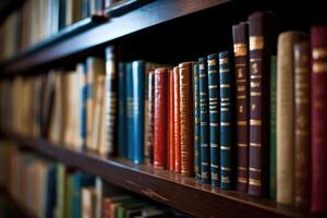A shot of a row of neatly arranged library books on a shelf. photo