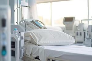 A close - up shot of a hospital bed with crisp, white bed sheets and neatly arranged medical equipment. Generative AI photo