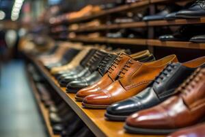 A close - up shot of a rack of shoes in a high - end shoe store.  Generative AI photo