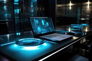 A striking image of cutting edge technology in a business setting, such as a close - up of a sleek laptop, a smartphone with a futuristic display, or a high - tech conference room setup. photo