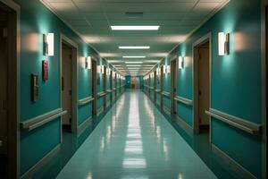 un gastos generales Disparo de un hospital pasillo con cerrado puertas en cualquiera lado. generativo ai foto