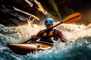 An exhilarating moment of a kayaker navigating through fast - moving rapids in a river. photo
