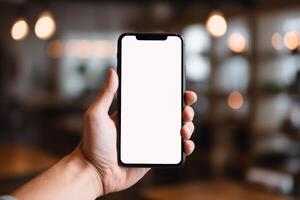 A close - up shot of a person holding a smartphone with a blank screen. Generative AI photo