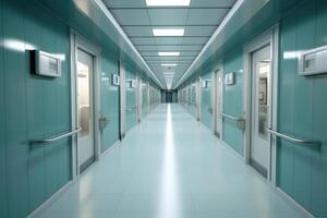 An overhead shot of a hospital hallway with closed doors on either side. photo