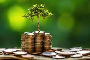 An image that represents the idea of financial growth and investment by photographing a sprouting plant or tree growing out of a pile of coins. photo
