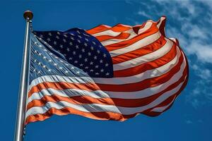 un poderoso imagen de un americano bandera ondulación con orgullo en el viento en contra un claro azul cielo. generativo ai foto