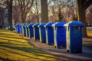 A shot of a row of recycling bins in a well - maintained city park. Generative AI photo