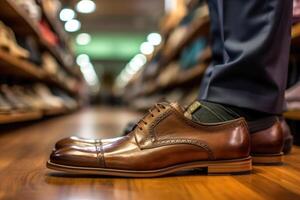 un cerca - arriba Disparo de un hombre molesto en un par de elegante Zapatos en un boutique. generativo ai foto