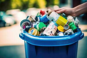 A shot of hands holding a recycling bin filled with various recyclable items. Generative AI photo