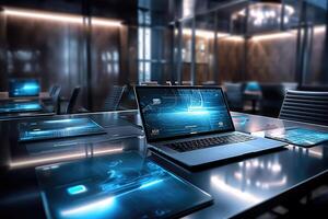 A striking image of cutting edge technology in a business setting, such as a close - up of a sleek laptop, a smartphone with a futuristic display, or a high - tech conference room setup. photo