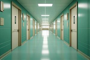 An overhead shot of a hospital hallway with closed doors on either side. Generative AI photo