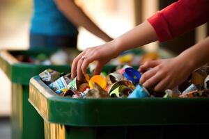 un Disparo de manos participación un reciclaje compartimiento lleno con varios reciclable elementos. generativo ai foto