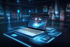 A striking image of cutting edge technology in a business setting, such as a close - up of a sleek laptop, a smartphone with a futuristic display, or a high - tech conference room setup. photo